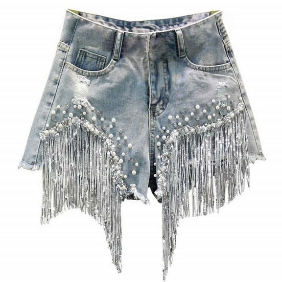Charmgo Womens Jeans Clearance, Women's Casual Fashion Trend Tassel Pearl Hot Diamond Denim Shorts Jean Shorts, High Waisted Jeans for Women Blue