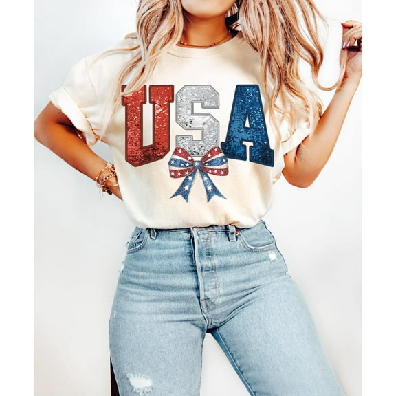 USA Glitter Sequin Bow Shirt, Patriotic Red White Blue Tee, Sparkle America Pride Outfit for 4th of July and Summer Celebrations