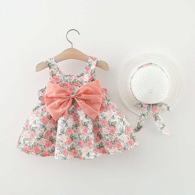 JDQJBZ Robe d'Été pour Fille à Imprimé Floral avec Nœud et Chapeau Souple Robe de Soleil pour Bébé