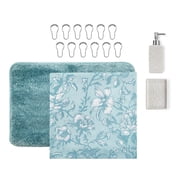 Mainstays 16-Piece Blue Floral Shower Curtain Bathroom Set with Rug, 12 Hooks, Soap Dispenser and Tray