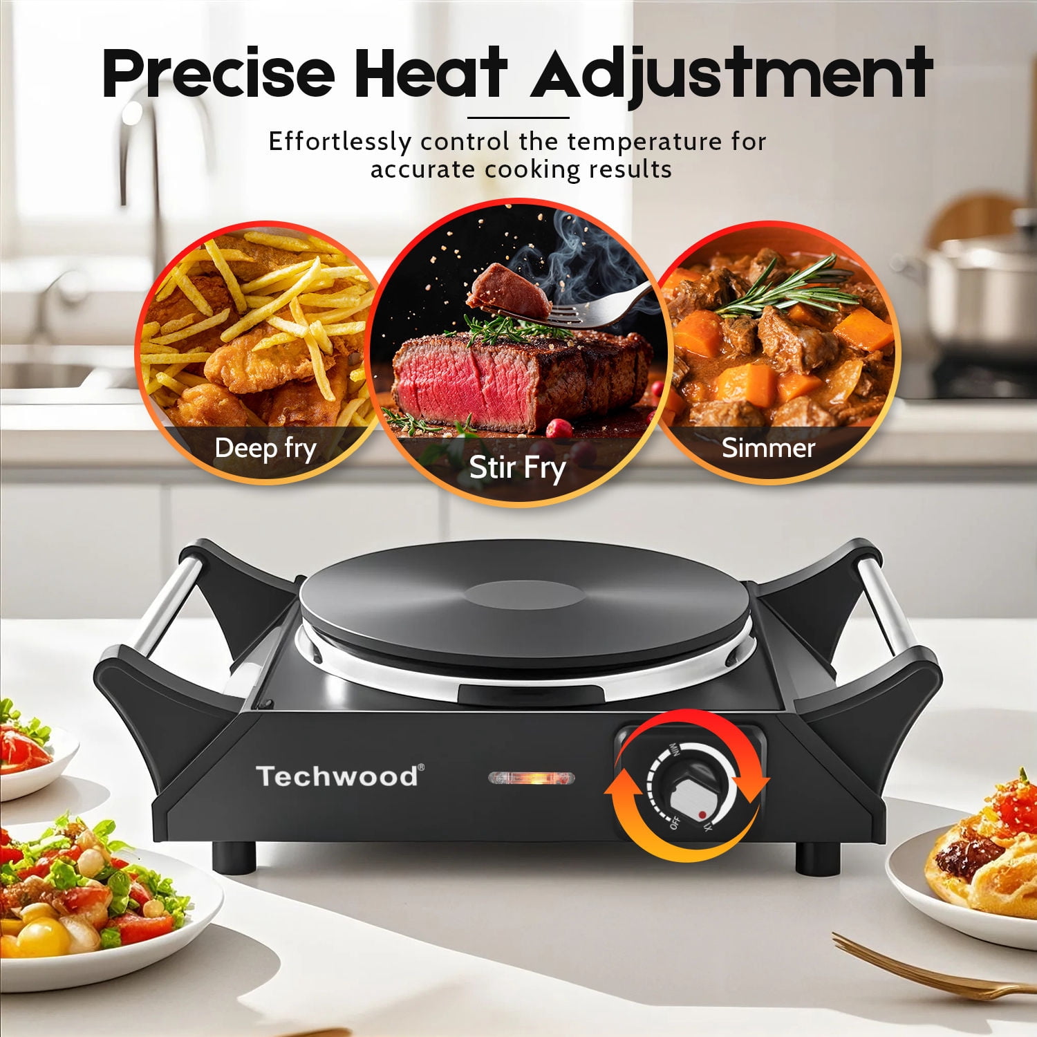Techwood Portable Electric Cooktop Burner, 1500W, Compact, Non-slip, Stainless, Black