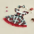 thumbnail image 3 of Plaid Square Neck Fly Sleeve Layered Dress with Belt+ Bowknot Headband, 3 of 9