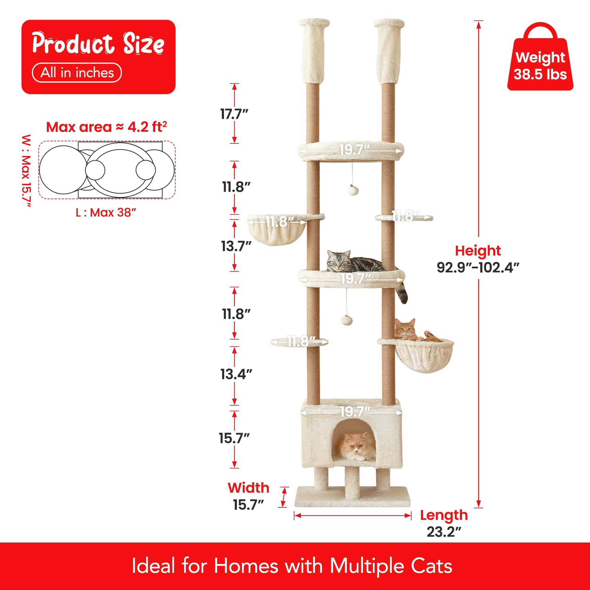 Furcato Cat Tree, Floor to Ceiling Cat Tower Adjustable Height [92.9-102.4 in=235-258cm], 7 Tiers Cat Climbing Play House with Fully Sisal Scratching Post, Beige