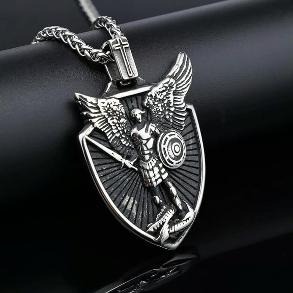 GKNET Vintage Saint Michael Archangel Wing Shield Pendant Necklace Chain-default