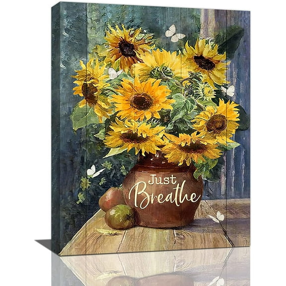Sunflower Wall Art Rustic Sunflower Butterfly Pictures Wall Decor Just Breathe Canvas Prints Framed Artwork Paintings Home Decorations For Bathroom Bedroom Living Room 12"x16"