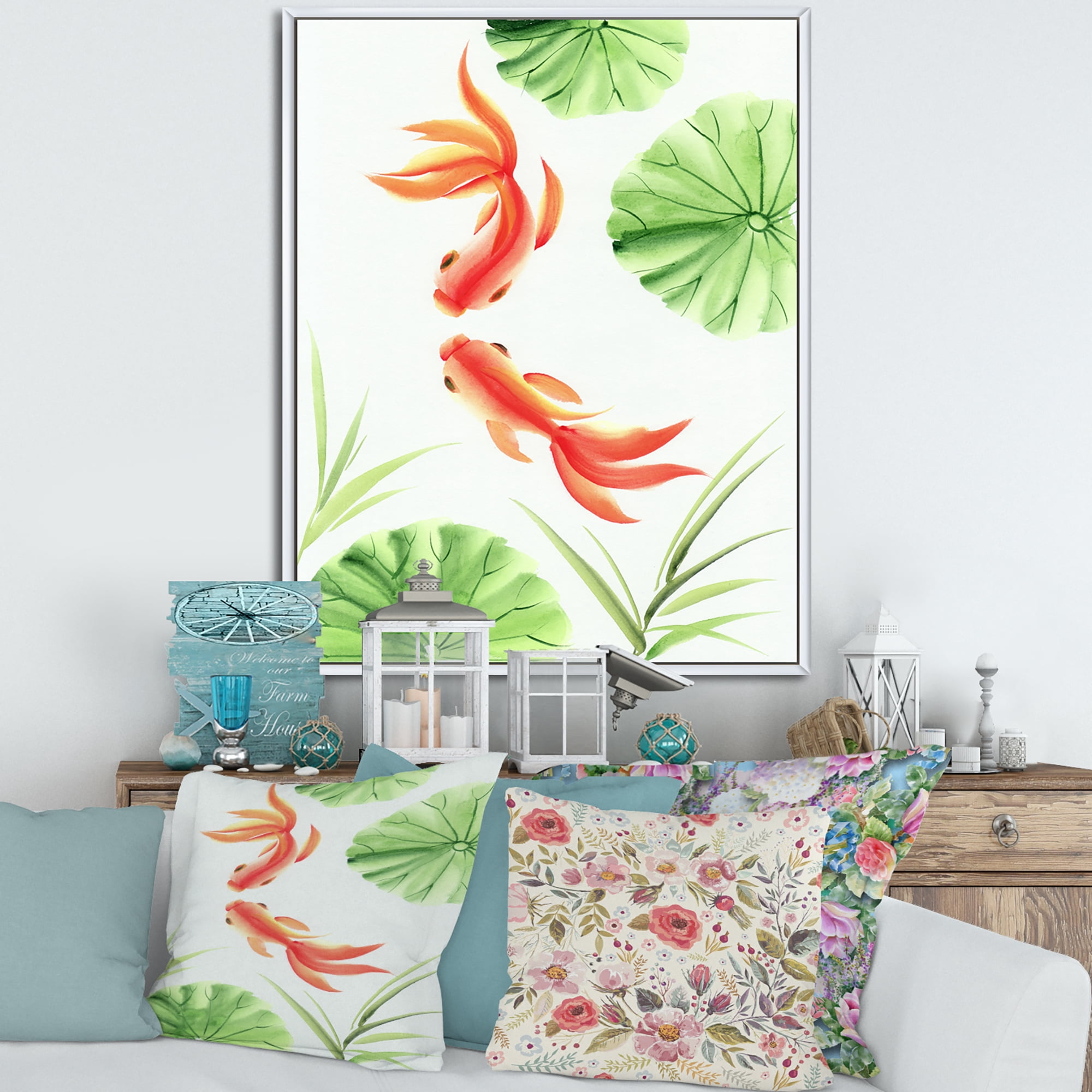 Designart 'The Lotus Leaves With Goldfishes' Nautical & Coastal Framed Canvas Wall Art Print