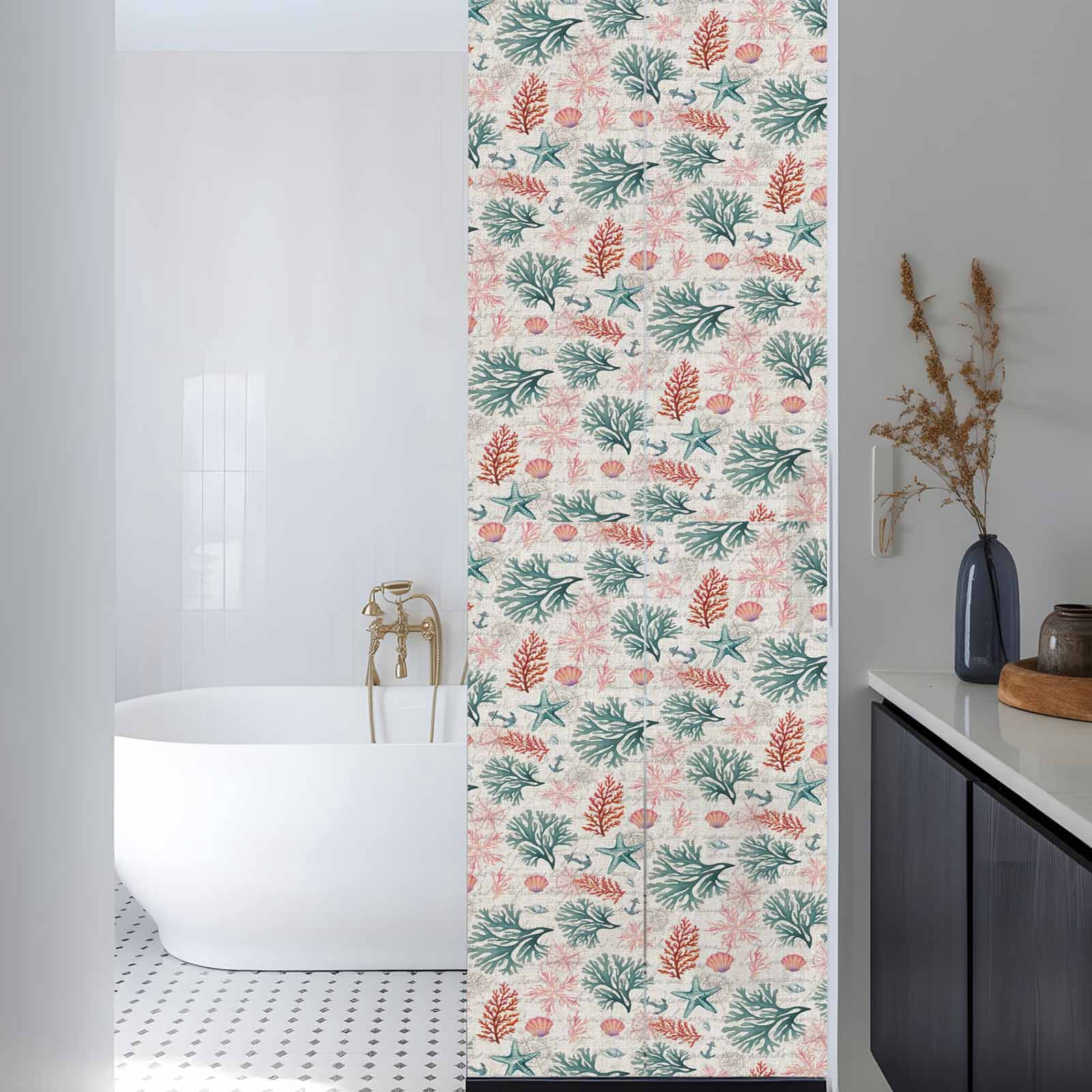 Coral Shell Window Privacy Film, Pink Green Red Coral Starfish Anchor Linen Texture Frosted Glass Window Clings Static Cling UV Heat Blocking Reusable Door Sticker for Bedroom 23.6x78.7 Inch