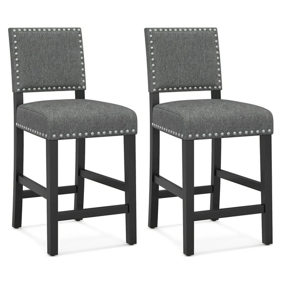 Costway Set of 2 Counter Height Chairs with Solid Rubber Wood Frame & Adjustable Foot Pads Gray & Dark Brown