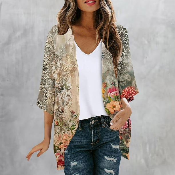Cárdigan para mujer, chaquetas estampadas de moda, primavera y verano, chaquetas estampadas de manga 3/4, abrigos para mujer
