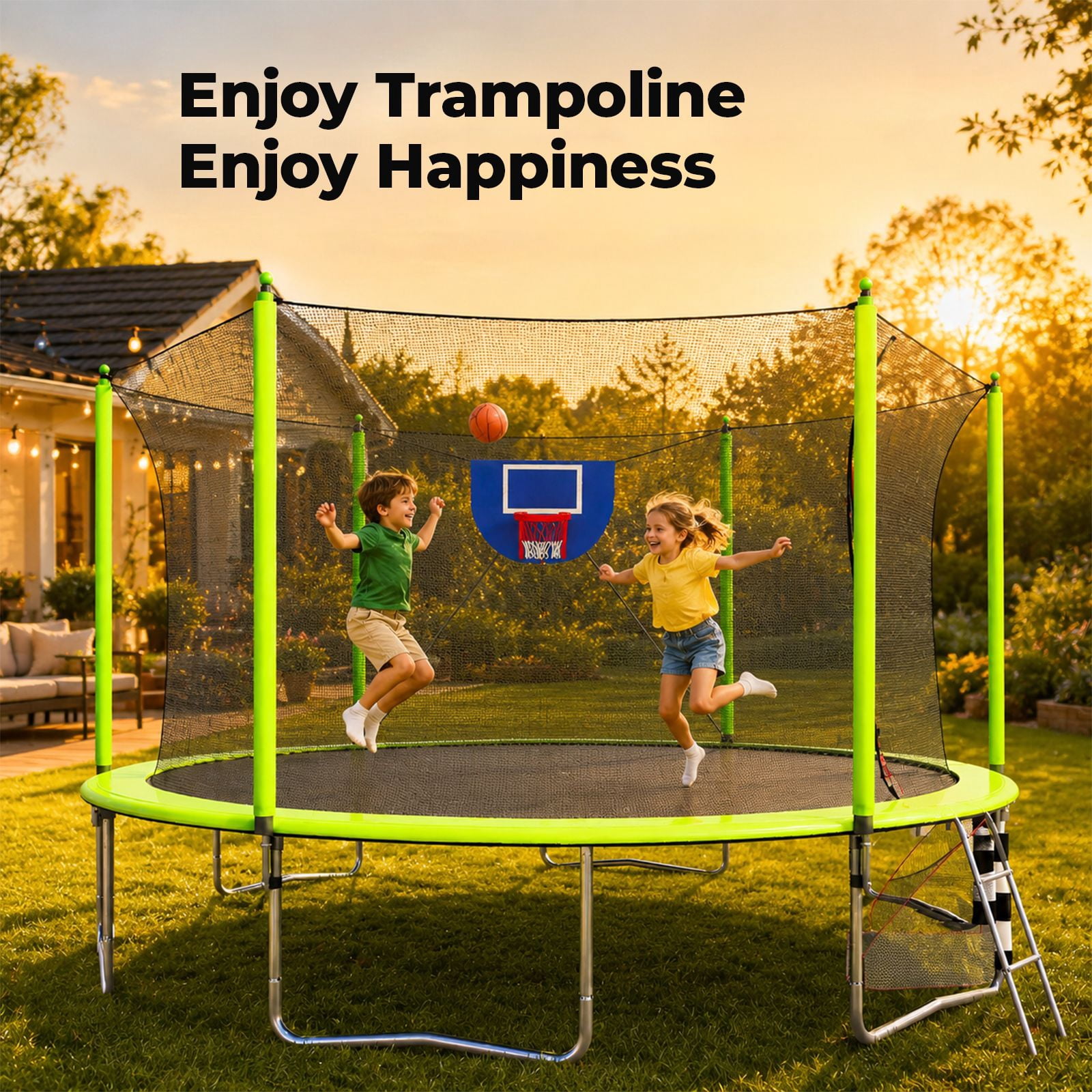 Alvantor 16Ft Trampoline for Kids & Adults, Round Trampoline with Enclosure Net,Basketball Hoop,Soccer Goal and Ladder for Backyard Green