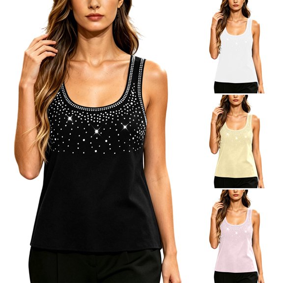 Wooowa Women's Tank Tops Round Neck Rhinestone Decor Sleeveless Thick Strap Summer Sparkle Skinny Shirt Top