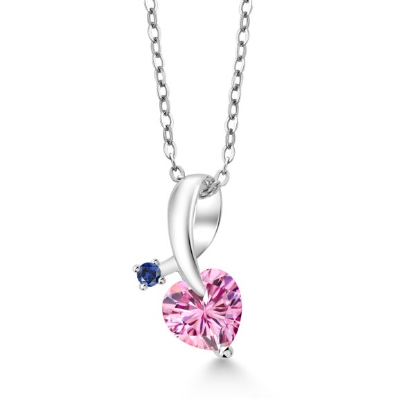Gem Stone King 925 Sterling Silver Pendant with Chain Heart Shape Pink Moissanite Created Sapphire (1.12 Cttw)