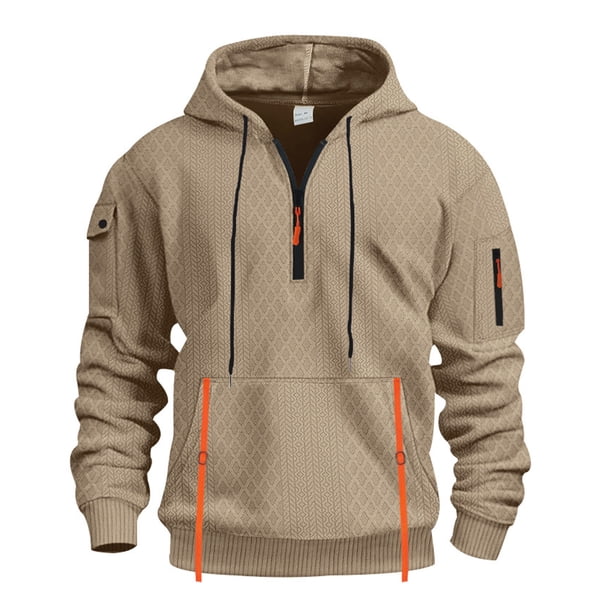 Dolkfu Sudaderas con capucha para hombres de media cremallera, sudaderas largas de deporte de color sólido con diseño de jacquard. XXL