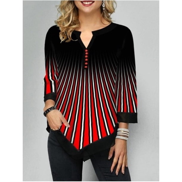 Tira de rayas con estampado de mujer Blouse V cuello Tops de talla grande S-5XLpangjing
