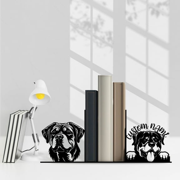 Craftnamesign Custom Rottweiler Head Metal Bookends for Shelves, Rottweiler Dog Book Stoppers