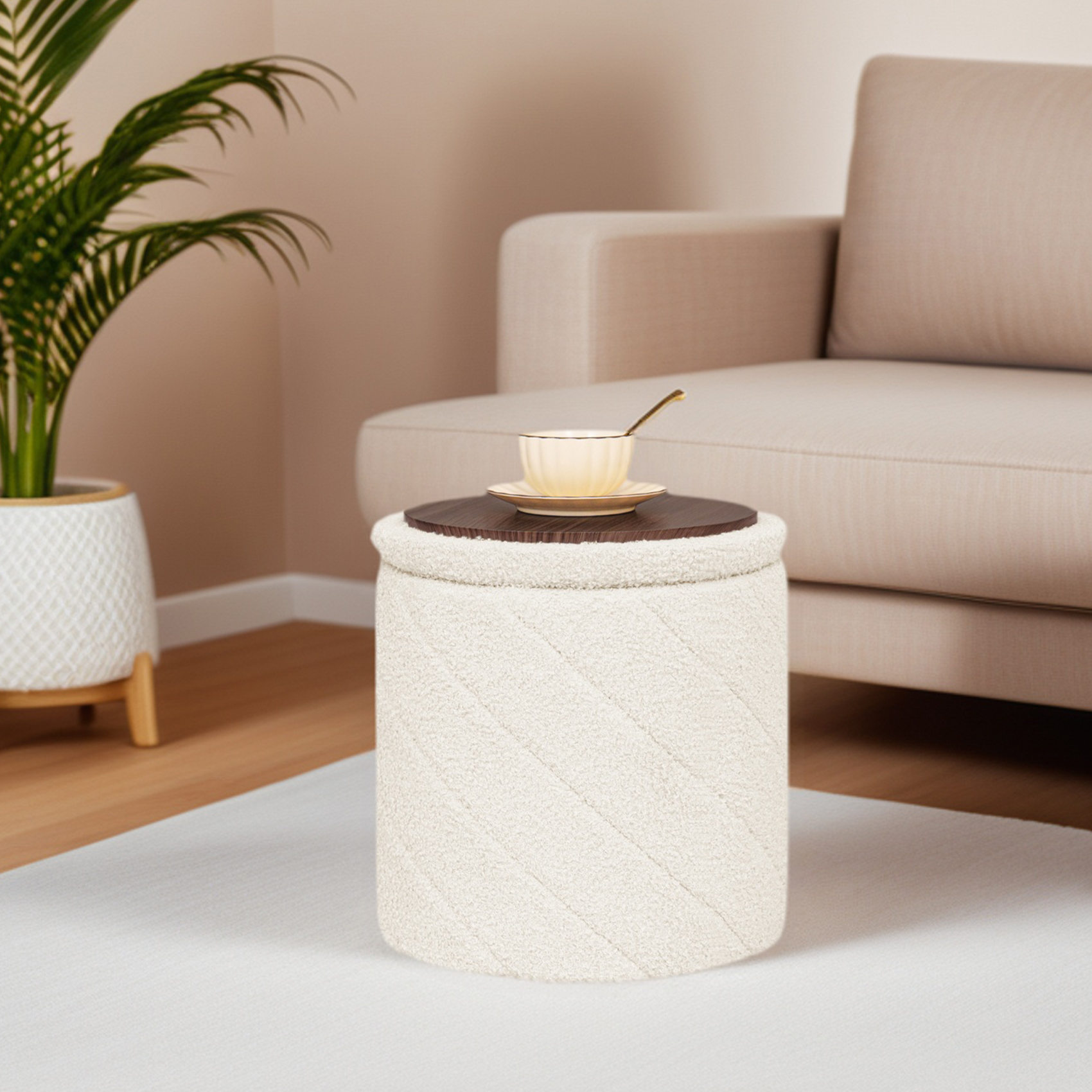 PINPLUS Small Storage Ottoman with Tray Collapsible Foot Rest Stool Seat for Living Room White,Sherpa Fabric