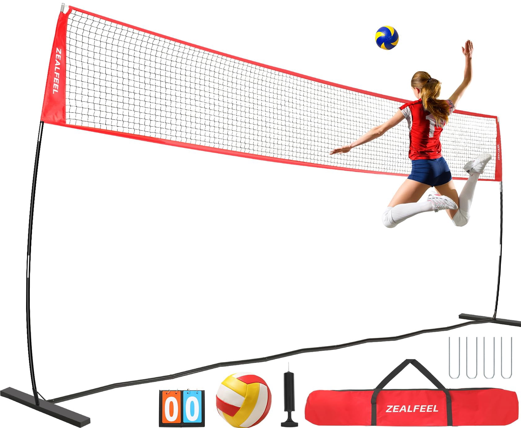 Zealfeel Adjustable Portable 20ft Volleyball Training Net Set with Carry Bag for Outdoor Practice