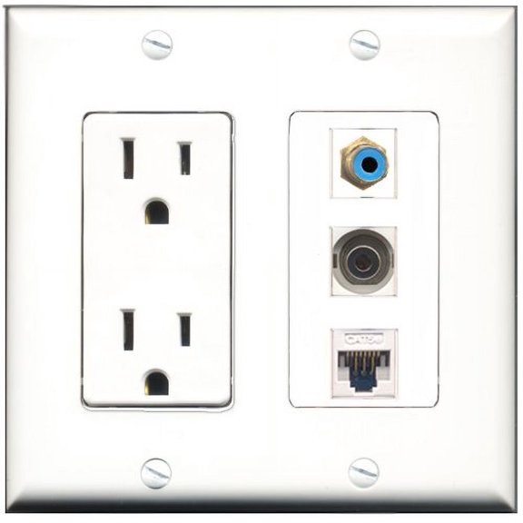 RiteAV - 15 Amp Power Outlet 1 Port RCA Blue 1 Port 3.5mm 1 Port Cat5e Ethernet White Decorative Wall Plate