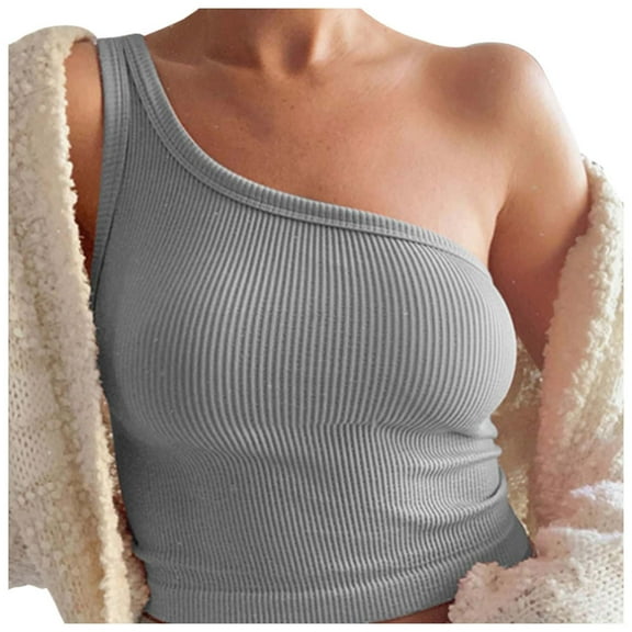 Women Summer Tops Women's Solid Color Short Bustier One Shoulder Camisole Tank Top T Shirt Stylish Casual Crop Top Spotted Cropped Workout Wide Straps Deep V Neck Women Camisole with Grey 3XL