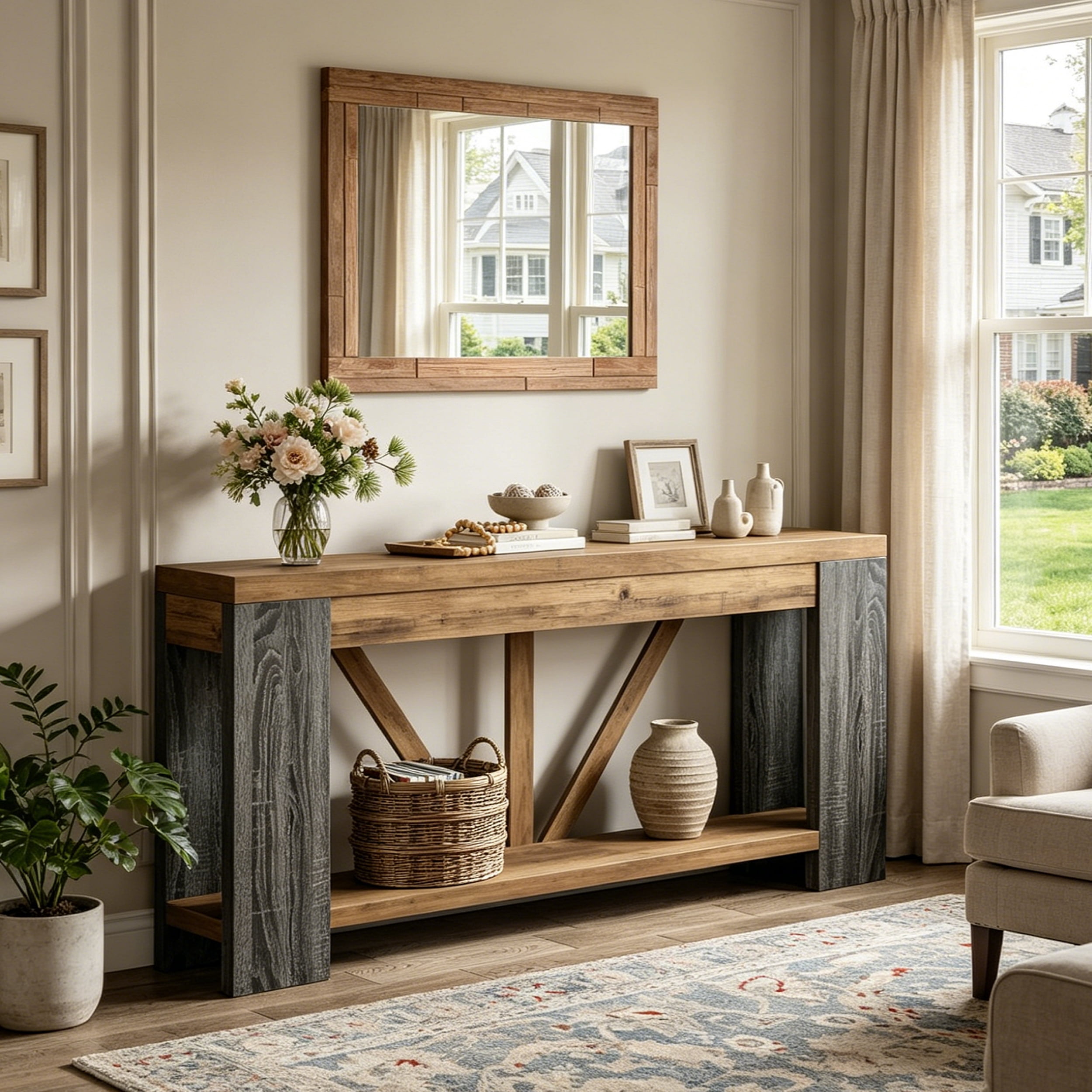 Fnova 70.9" Console Table, 2-Tier Farmhouse Entryway Table, Narrow Long Wood Sofa Table Behind Couch with V-Shaped Support for Living Room, Hallway, Foyer