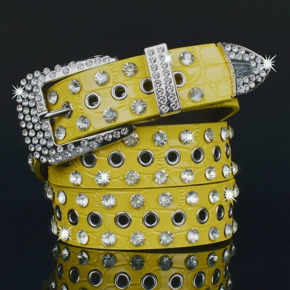Zhuge Unisex Western Rhinestone Leather Belt, Bling Studded Diamond Design Belt Perfect for Jeans & Daily Outfits, Yellow