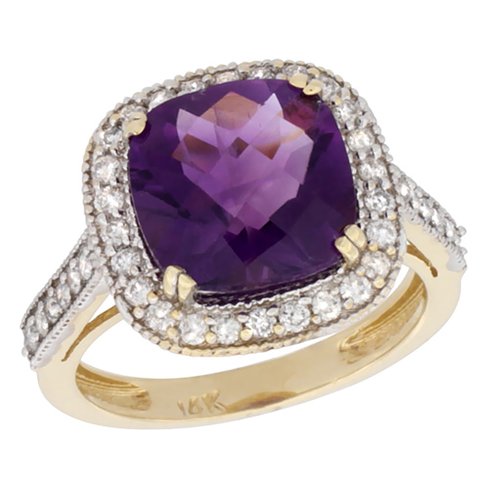 10k Yellow Gold Natural Amethyst Ring Cushion-cut 10x10mm Diamond Halo, size 5 by Gabriella Gold