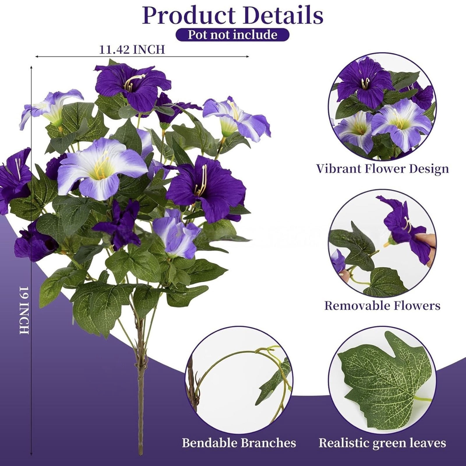 ZMKIAG UV Resistant Realistic Artificial Flowers for Outdoors – Fake Petunias Plants, Purple & White Silk Morning Glory – Faux Tropical Flowers for Planter, Porch, Patio, Yard, Garden, Window