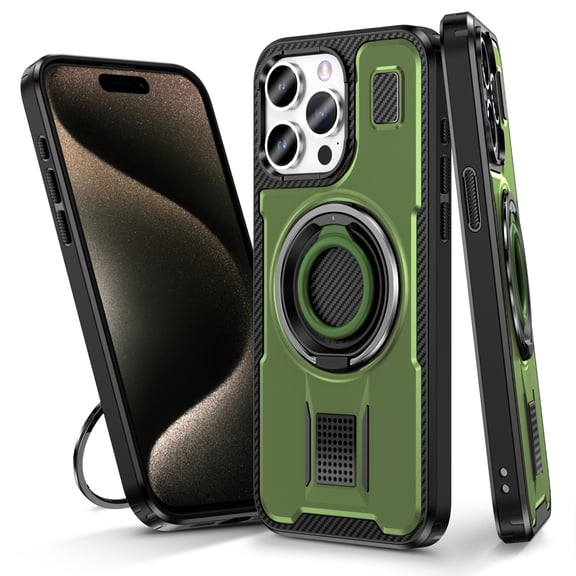 Hotpom for iPhone 15 Pro Max Case with Precise Cutouts, Double Ring Kickstand, Heavy Duty Shockproof Drop Protection and Rugged Anti-Scratch Phone Cover, Green