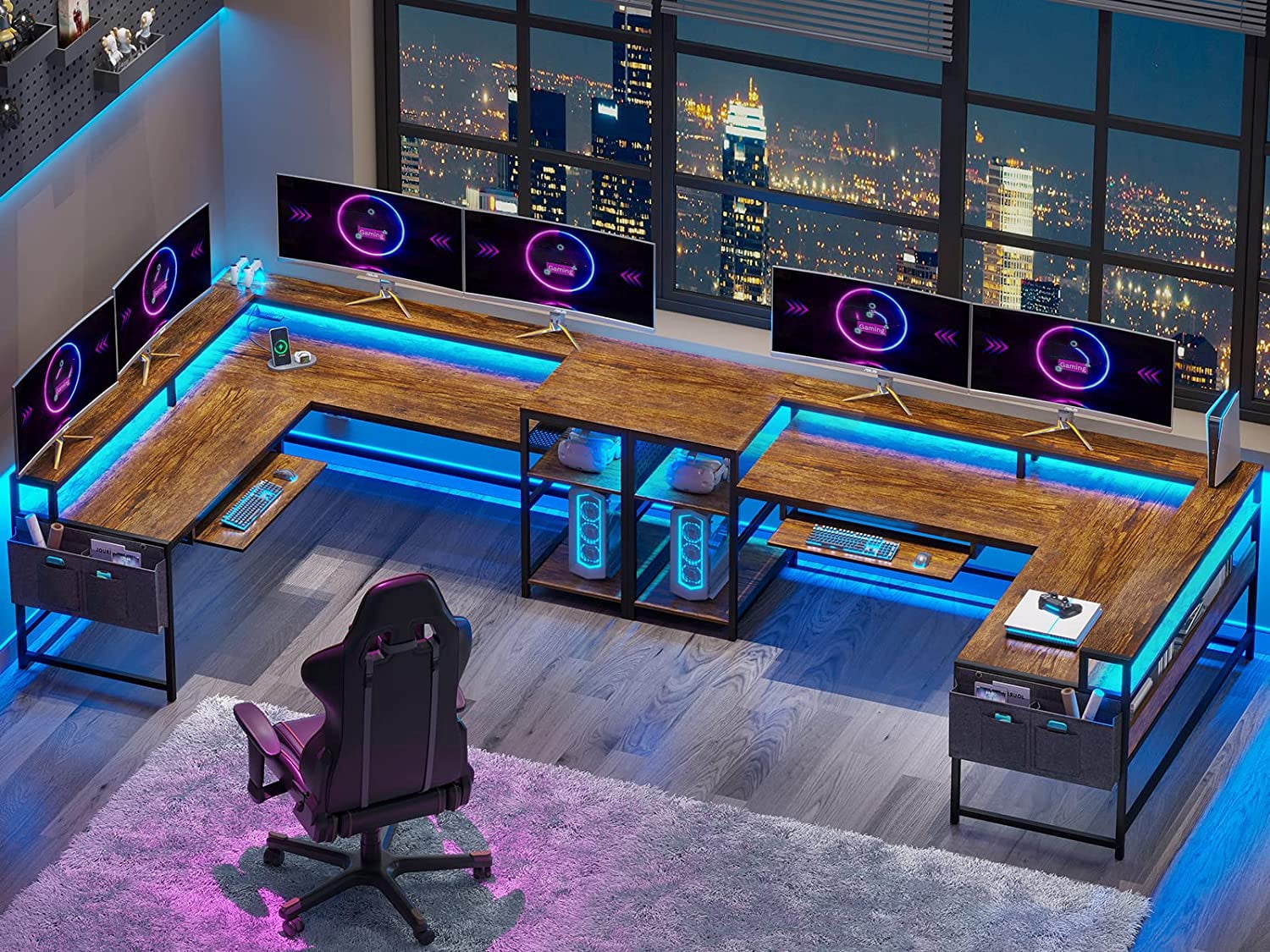 L-Shaped Desk with LED Strips & Charging Station, 2 Person Computer Desk with Storage Shelves & Monitor Stand, Rustic Brown