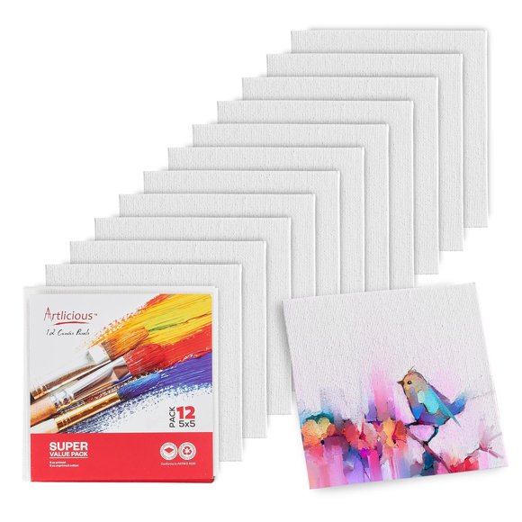 Artlicious Canvases for Painting - Pack of 12, 5 x 5 Inch Blank White Canvas Boards - 100% Cotton Art Panels for Oil, Acrylic & Watercolor Paint