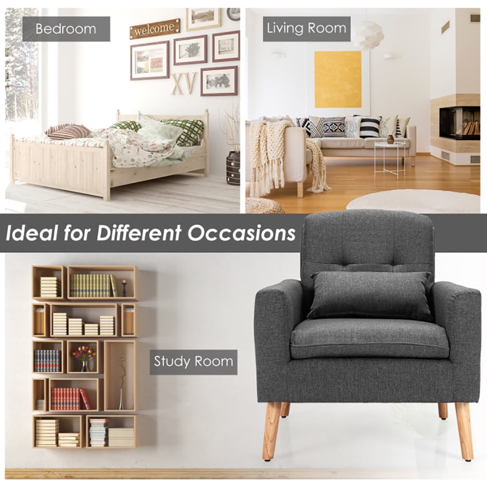 Finihen Upholstered Accent Chair, Modern Comfy Armchair Single Sofa, Linen Fabric Single Sofa Armchair with Waist Pillow, for Living Room, Bedroom, Gray
