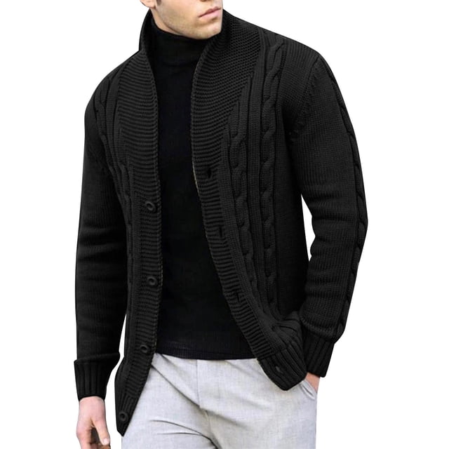 Grrvtrz Men's Chunky Knit Sweater, Cable Knit Cardigan Button Down Stand Up Collar Ribbed Sweater Coat