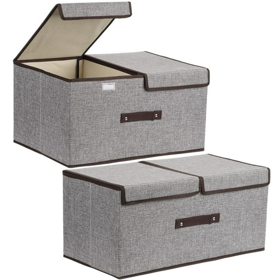2 Pack Large Storage Boxes with Lids and Handles, Collapsible Linen Storage Bins Organizer Containers Baskets Cube with Removable Divider, Grey