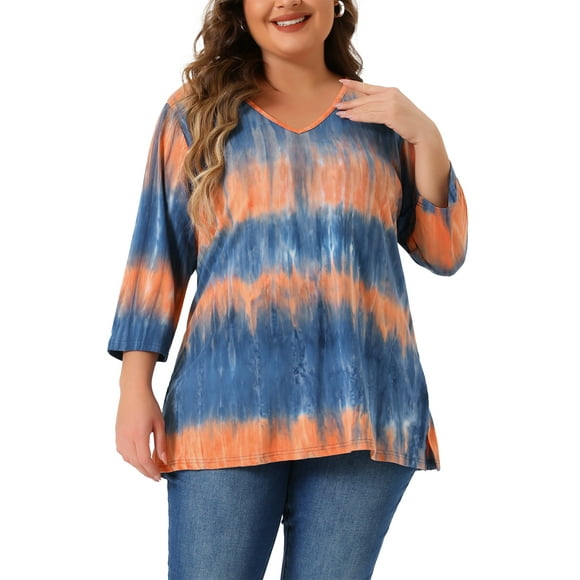 Tops de mujer plus size Agnes Orinda con rayas de teñido anudado, cuello en V, mangas 3/4, blusas casuales 4X azul y naranja