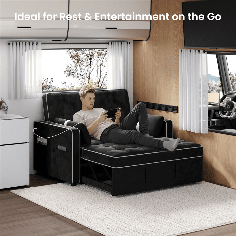 Renwick Convertible Sleeper Sofa Bed 3-in-1 Pull Out Couch Velvet Loveseat Couch with Adjustable Backrest, USB Ports, Side Pockets and Pillows for Living Room Bedroom, Black