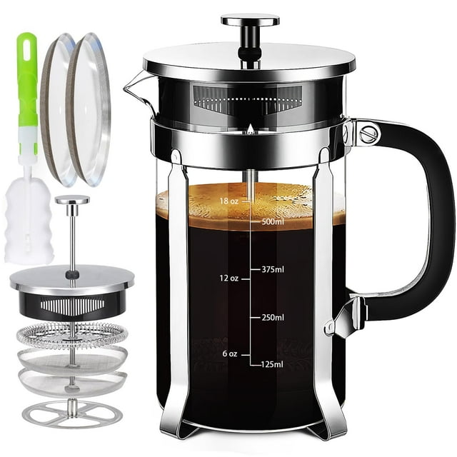 YMMIND Cafetera De Prensa Francesa Prensa De Café De Acero Inoxidable 304, con Sistema De 4 Filtros, Vidrio De Prensa Francesa De Borosilicato De Espesor Resistente Al Calor, Tetera Sin BPA, Émbolo De