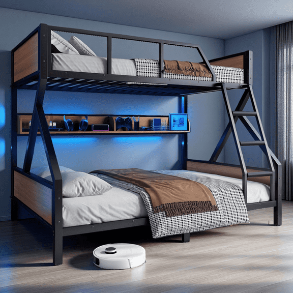 Queen over King Bunk Bed with Storage Shelves & LED Light Strip, Space Saving Metal Bunk Bed for Shared Rooms, Black