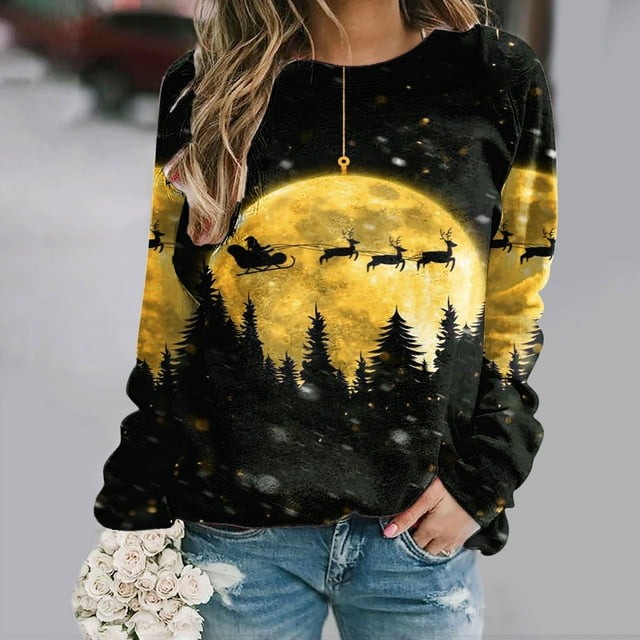 Sweat à Capuche pour Femmes Sweat-shirt à Manches Longues à Col Rond à Imprimé Femme Sweat-shirt Femme sur Clearance