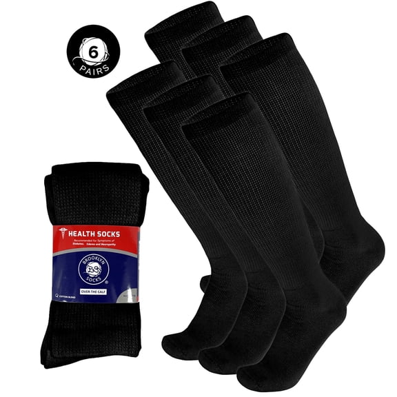 6 Pairs of Over The Calf Diabetic Knee High Cotton Socks (Black- 6 Pairs, Fit Men's Shoe Size 10-12)