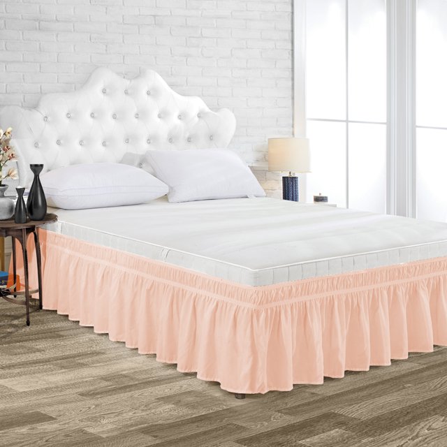 Dee's Collection California King Size Microfiber Wrap Around Solid Bed Skirt with Elastic Belt (9 Inch Drop, Peach)