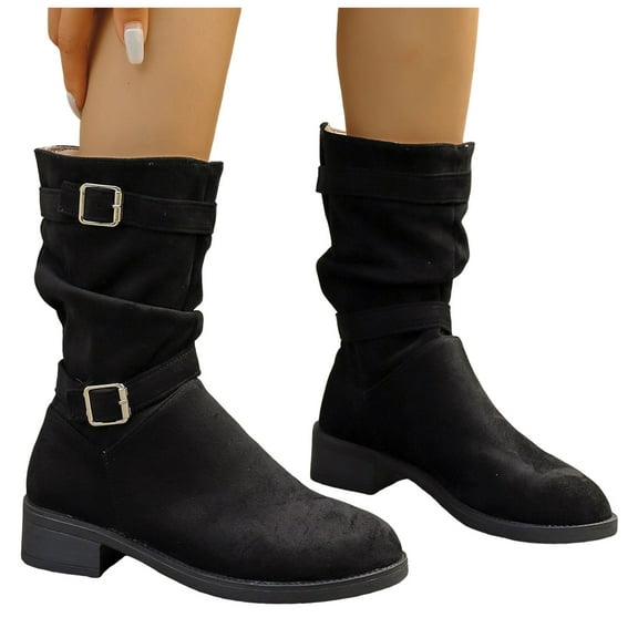 Mid Calf Boots for Women Slouch Casual Suede Round Toe Buckle Chunky Heel Winter Fall Platform Boots