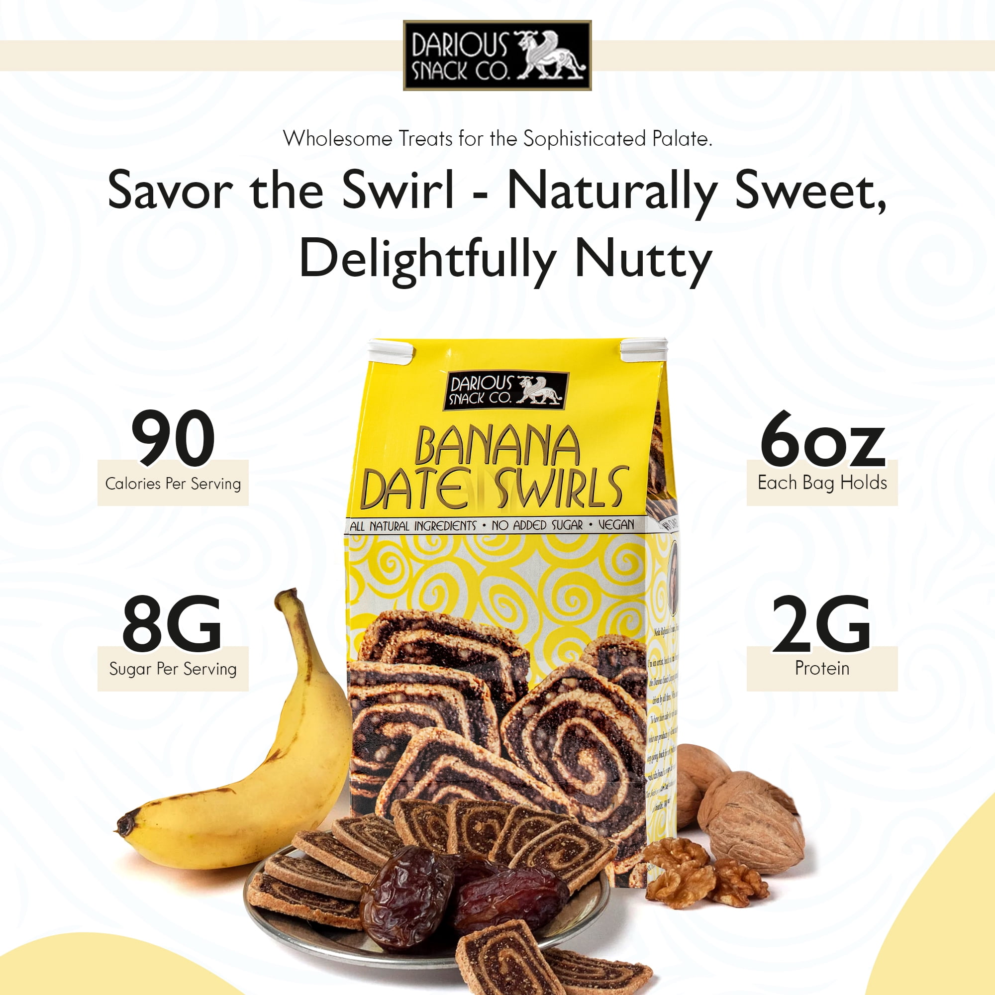 Darious Snack Co. Vegan Banana Date Swirls for Coffee & Tea Treat, Delicious Breakfast Cookies, Slightly Sweet and Savory, All Natural Ingredients, Holiday Food Gifts, 6 Pack - 5 oz Each Bag