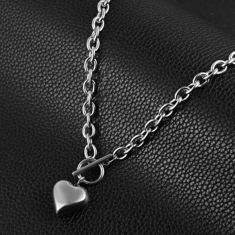 ★HARANG★ HR 381N_Silver Fabric Necklace HZMAN Women Stainless Steel Heart Pendant Chunky Cuban Chain