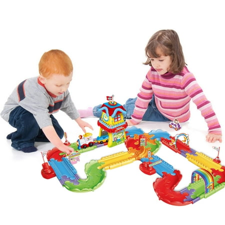 Railroad Freight Car - Kids Toy Electric Train Set With Lights and Sound Colorful Tracks Battery Operated Railway Car Set with 3D Puzzles for Kids Christmas Train Toys F-250
