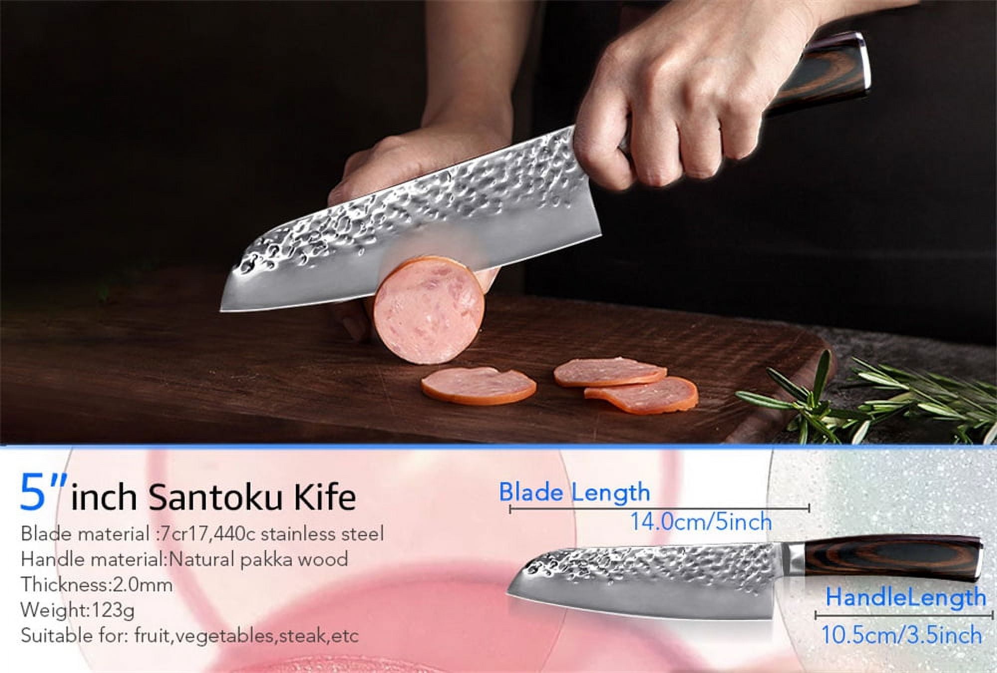 Kitchen Knife 5inch Santoku Knives with Sheath,Stainless Steel Sharp Forged Hammered Blade Non-Stick Fruit Slicer Vegetable Slicing Chef Knife Cutter Cooking Tool