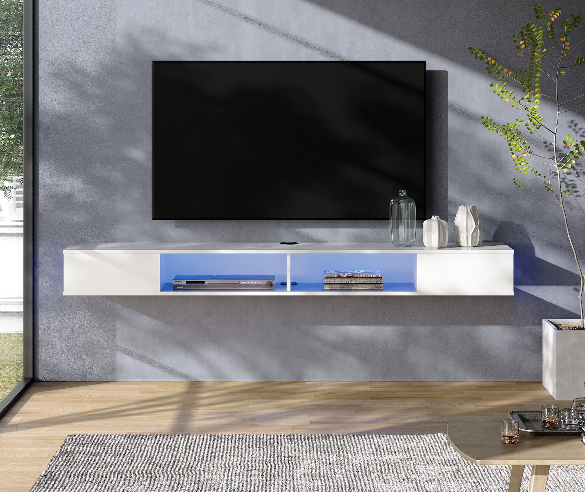 WAMPAT 70 inch LED Floating TV Stand Wall Mounted Entertainment Center Shelf with 16 Color Lights Walmart