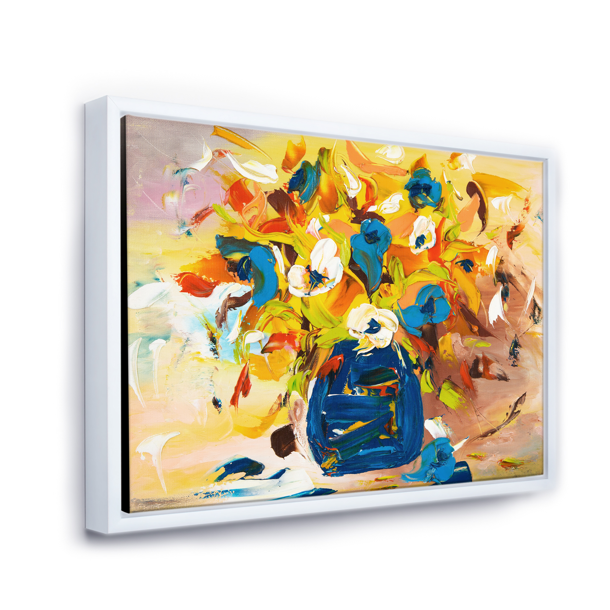 A VIbrant Flower Bouquet In Blue and Yellow 40 in x 30 in Framed Painting Canvas Art Print, by Designart
