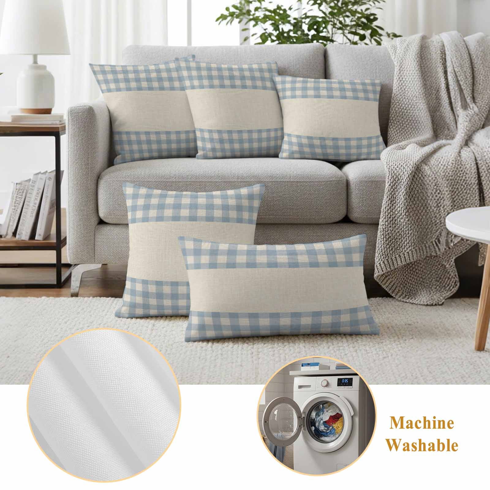 Blue Plaid Outdoor Pillow Covers Set of 2 Retro Country Blue Plaid Linen Texture Waterproof Throw Pillow Cover Decorative Cushion Cases for Patio Porch Garden 26X26 Inch