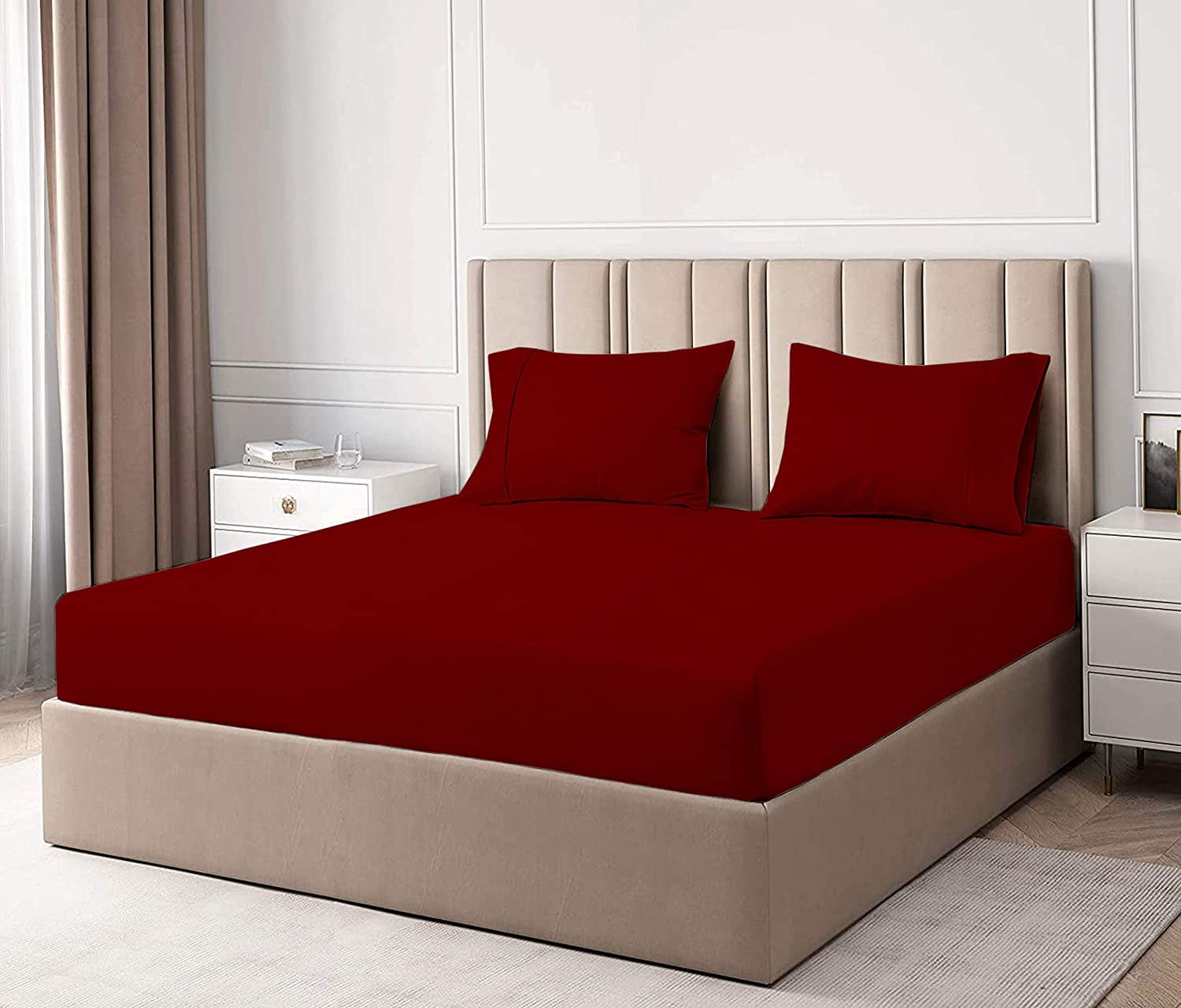 100% Bamboo 3 Piece Fitted Sheet Set, 10" Deep Pocket, ( 1 Piece Fitted sheet and Two Pillowcases ), 100% Organic Bamboo - Twin XXL Size - Burgundy Solid.