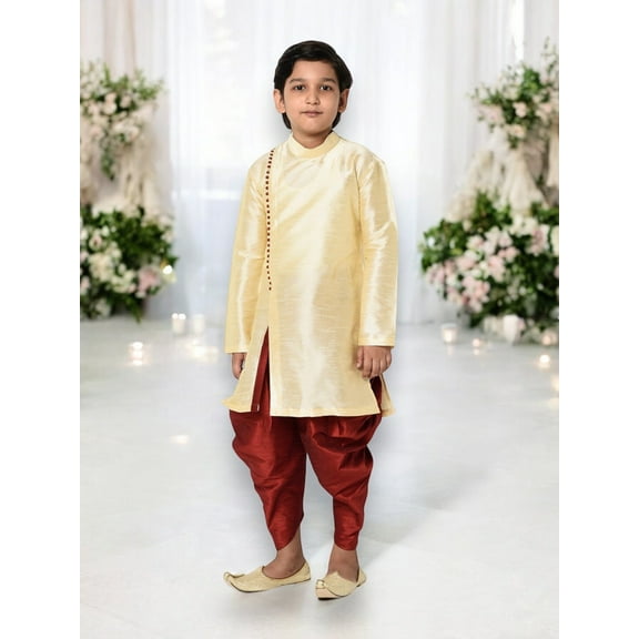 Cream, Dupion Silk Traditional Kurta Pajama Set for Boys, Cultural Wear